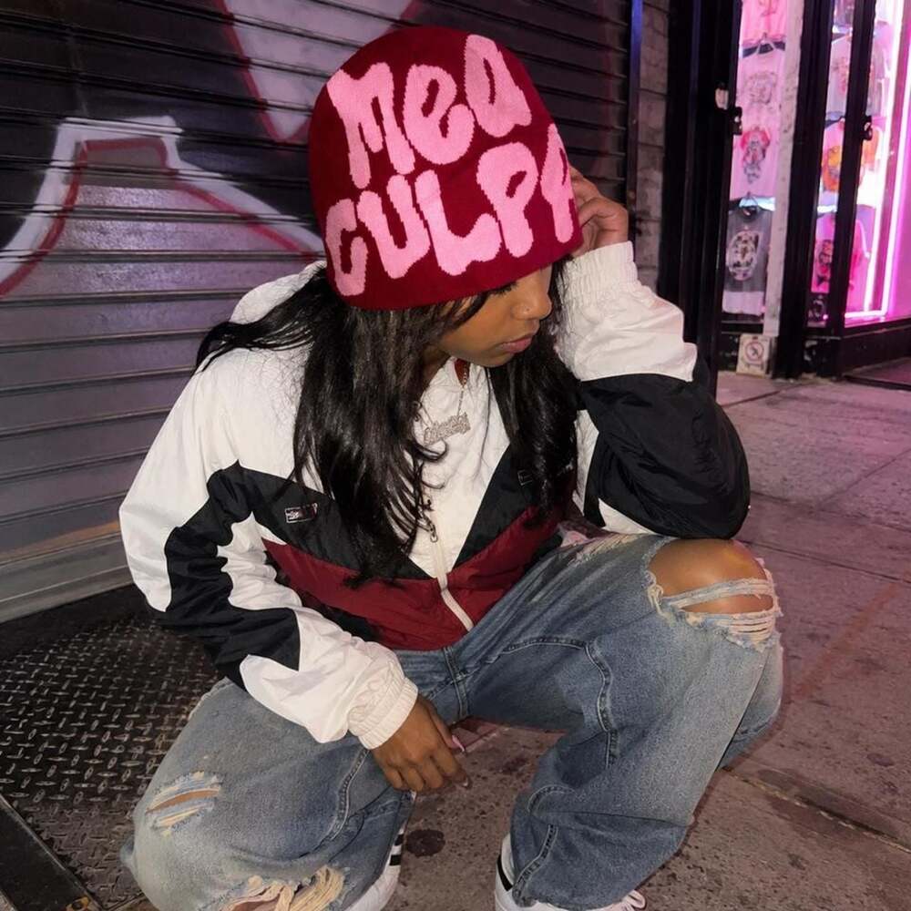 Mea Culpa Red and Pink Jacquard Knit Beanie Y2K Style